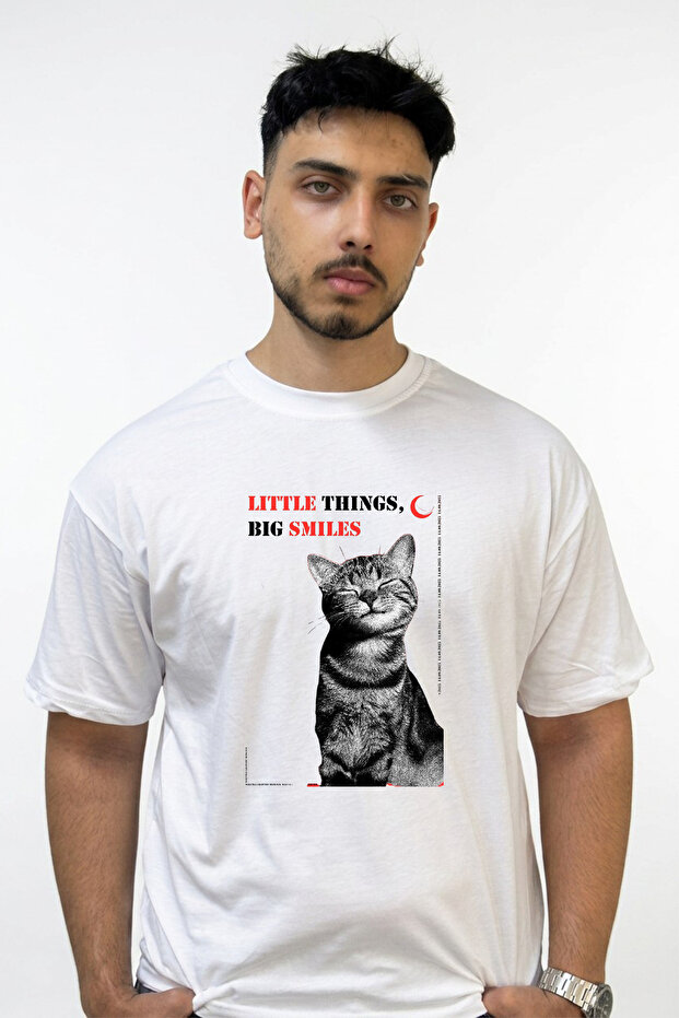 Smiling Cat Design Printed Oversize White T-Shirt