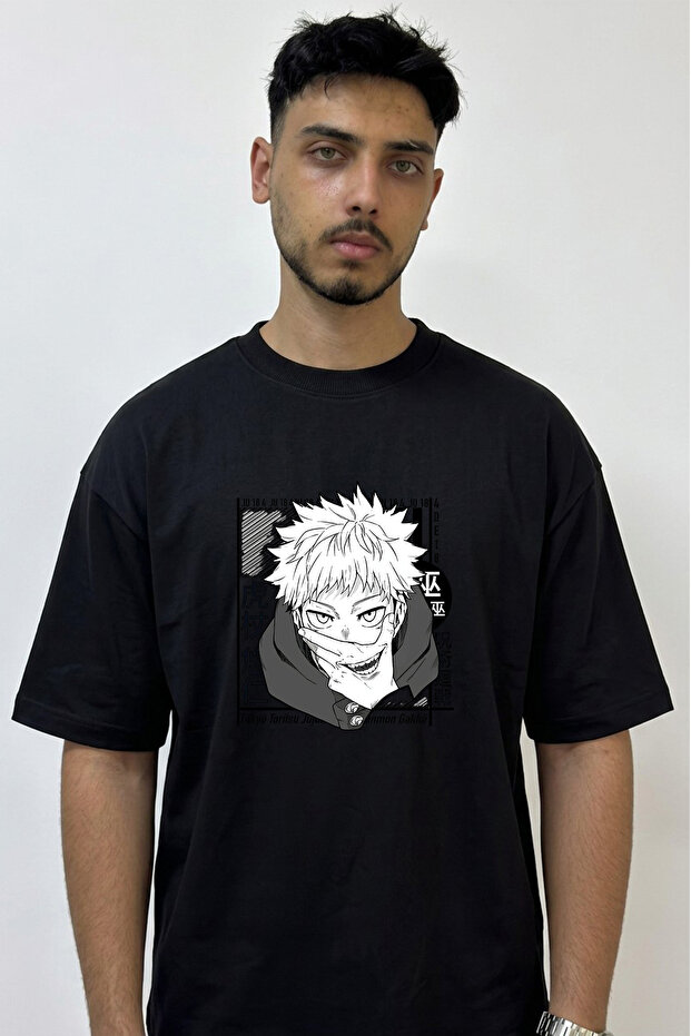 Itadori Yuji Design Printed Oversize Black T-Shirt