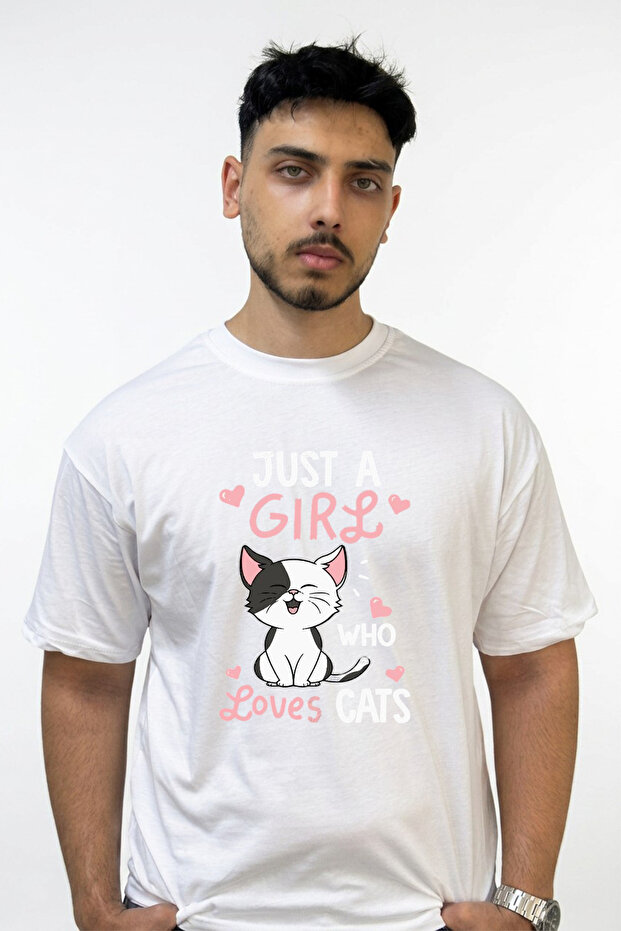 Cute Kitten Design Printed Oversize White T-Shirt