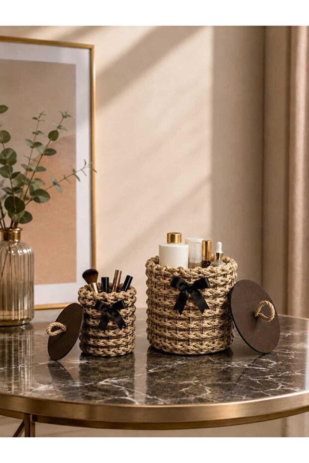 Metal Wire Mesh Decorative Basket Organizer with Wooden Lid, Set of 2