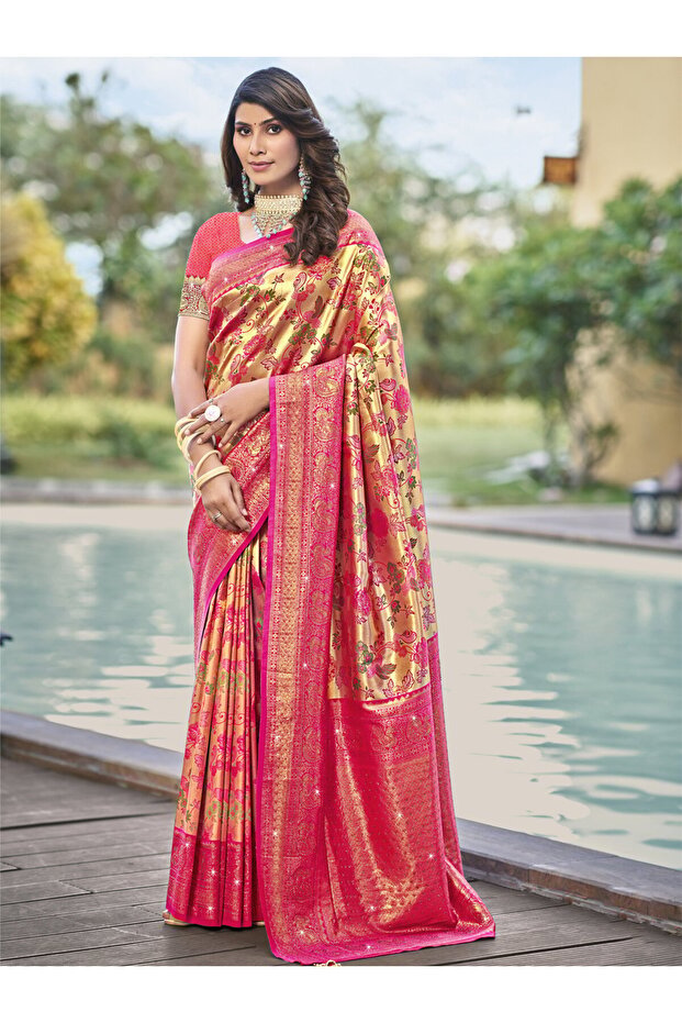 Pink Silk Woven Work Traditional Saree