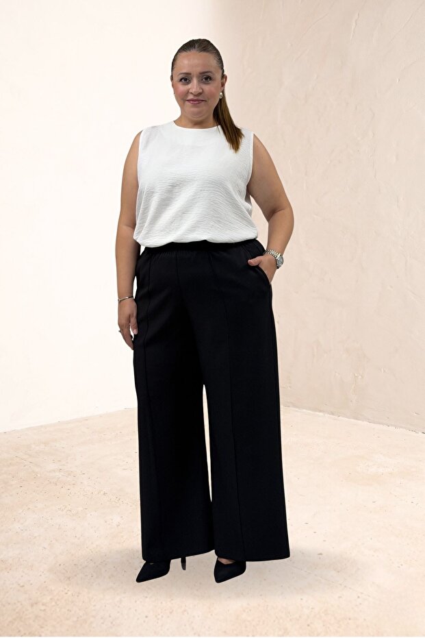 29019-1 Large Size Elastic Waist Loose-Fitting Trousers - Black