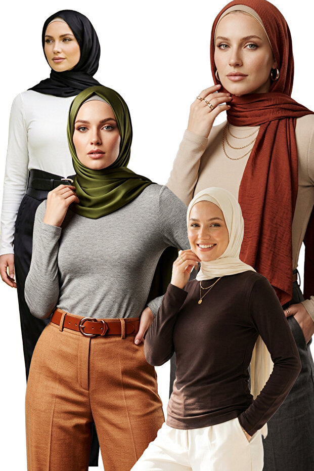 4-Piece Basic Body Set – Long Sleeve Lycra Underwear Combination Ecru Brown Melange Beige Women's Blouse Pack