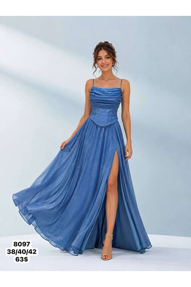 Women's Waist-Corseted Maxi Evening Dress with String Straps