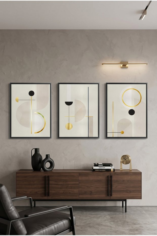 Modern Geometric Islamic Wall Art | Framed Canvas Print with Gold Foil Embossed | Luxury Modern Decor for Living Room, Bedroom, Office & Gift (Set of 3)