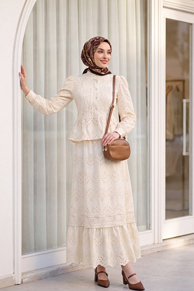Linen Look Suit with Ribbed Front, Stone Buttons, Scalloped Lining and Skirt -Beige