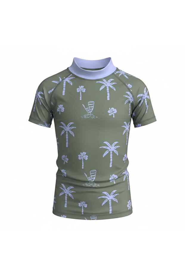 Kids Olive and Lavender Palm Print Rash Guard