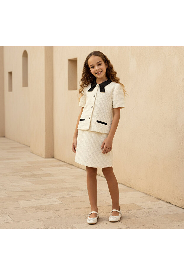Collared Short Sleeves Blouse with Embellished Buttons
