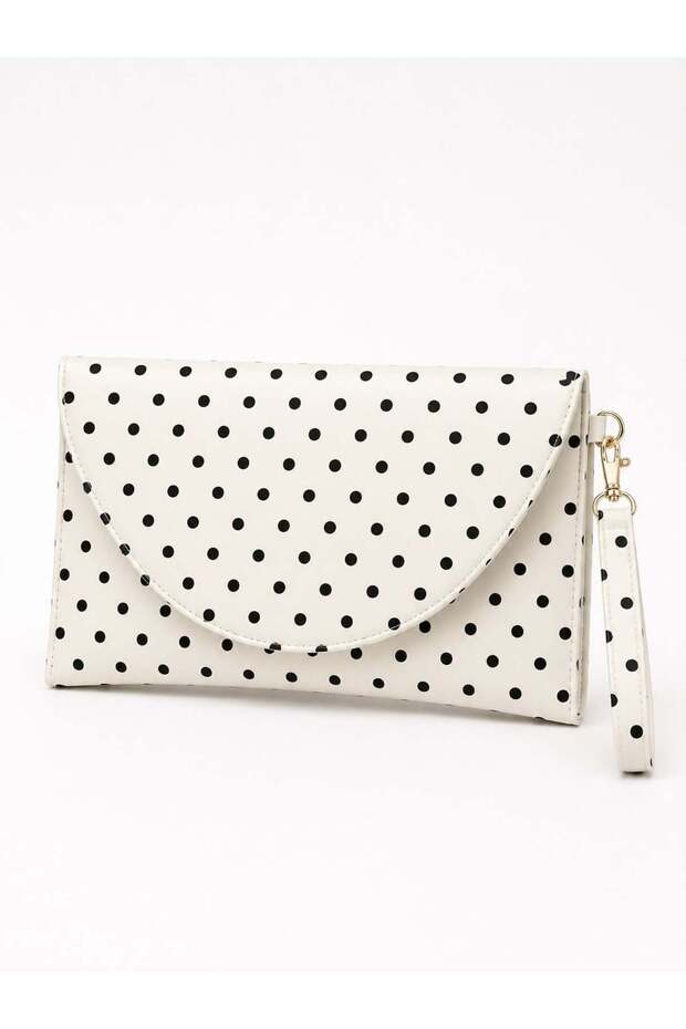 White Polka Dot Women's Clutch Bag with Curved Cover Portfolio Handbag