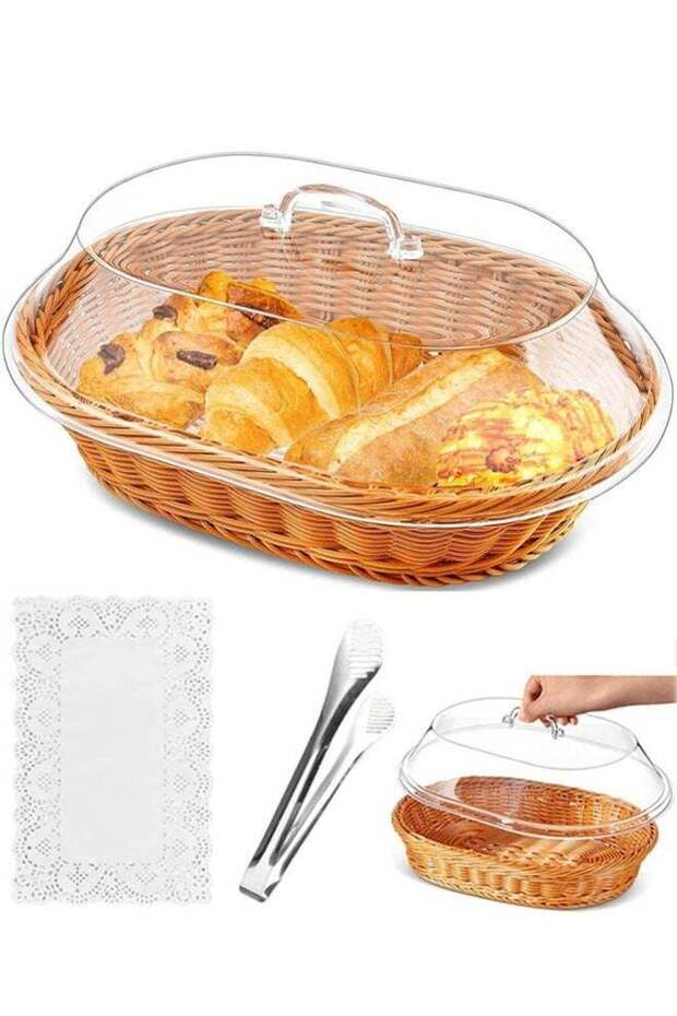 Rattan Bread Baskets, Oval Woven Baskets with Acrylic Lids, 14.2 x 10.2 x 4.9 inches