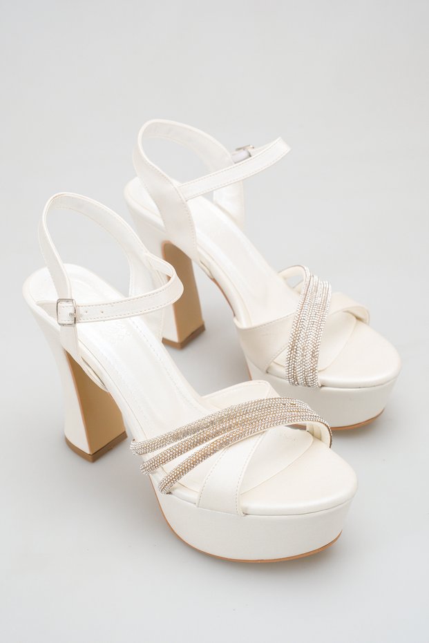 Colorful Cross Detailed Platform Thick High Heeled Evening Dress Sandals