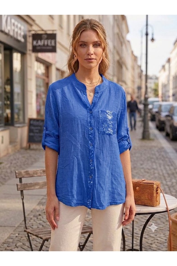 Women's Italian Collar, Sequin Detailed, Pocketed, Foldable 3/4 Sleeve, 100% Cotton Linen Shirt Blouse
