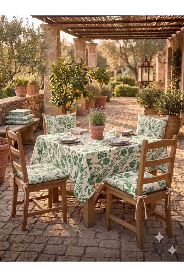 Tablecloth and 4 Chair Cushions Vintage Floral Organic Cotton Fabric Set of 5