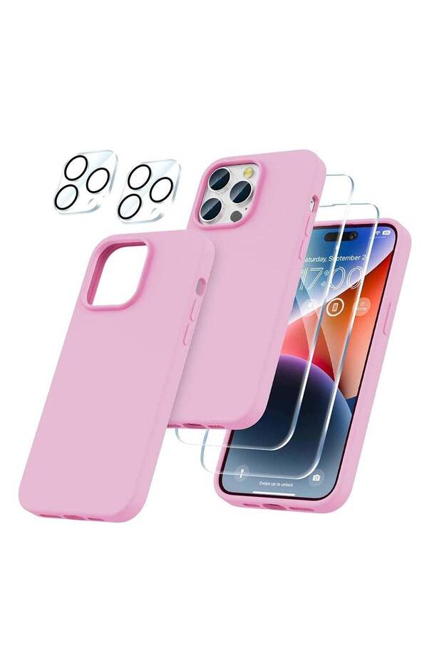 iPhone 14 Pro Max 6.7 Inch with 2-Pack Screen Protector and 2-Pack Camera Lens Protector, Slim Full Coverage Screen Camera Case, Pink