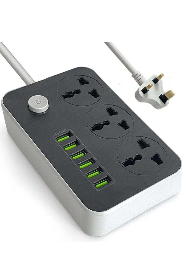 Power Strips Extension Cord 3 Outlets, Power Socket with 6 USB Ports Universal Charging Socket with 2M Bold Extension Cord