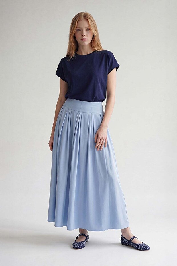 Blue Skirt with Waist Stitching Detail