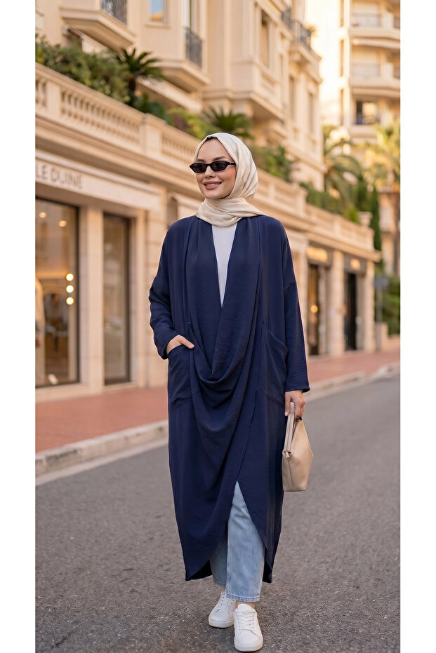 Asymmetrical Design Crossed Tunic Linen Aerobin Fabric-Navy Blue