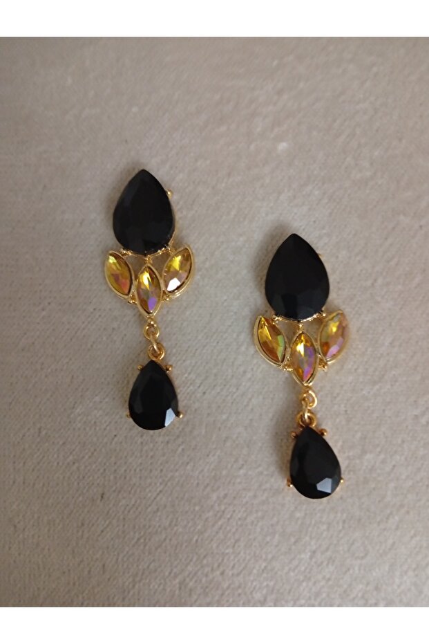 Black Evening Dress Hanging Gold Earrings