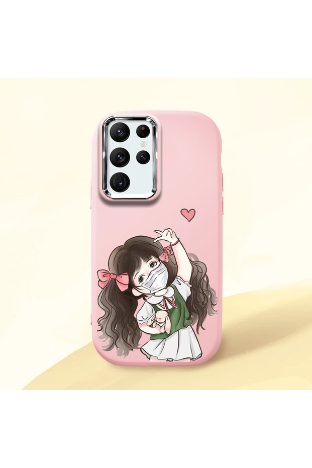 Samsung Galaxy S22 Ultra Compatible Case Camera Protector Pink Silicone Couple Phone Case Girl Patterned