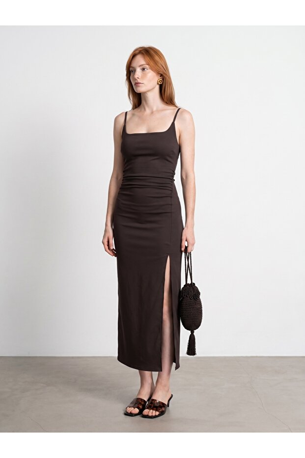 91712 Square Neck Gathered Midi Dress-Dark Brown