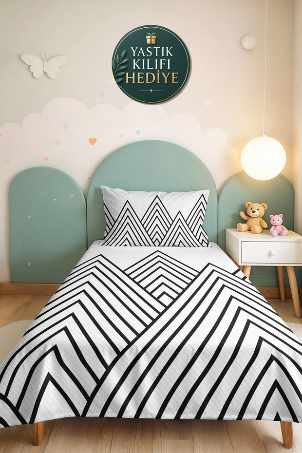Black Geometric Youth Room Single Pique Set - Modern Striped 160X220 cm Quilted Bedspread