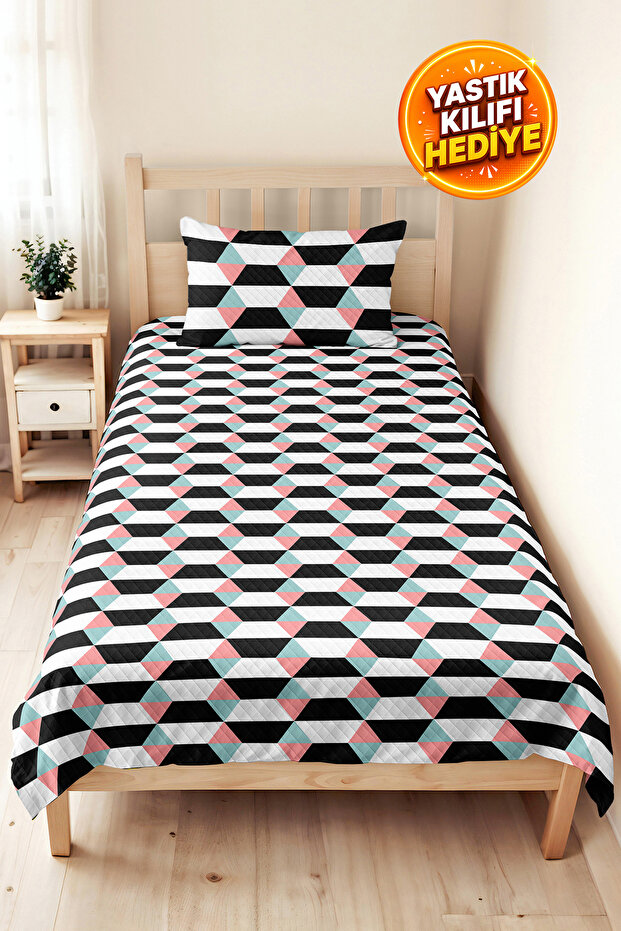 Geometric Black Young Room Single Pique Set-Modern Pink Mint 160X220Cm Quilted Bedspread