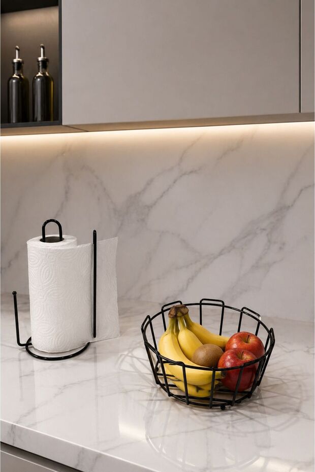 Set of 2 Black Vertical Paper Towel Holders with Dividers Oval Corner Fruit Basket Kitchen Set