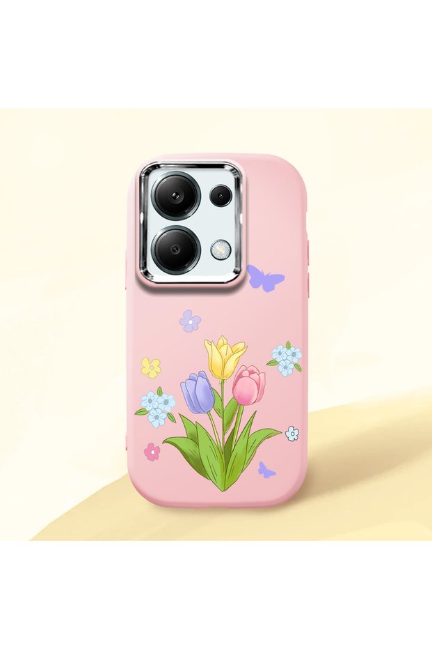 Redmi Note 13 Pro 4g Compatible Case with Camera Protection Pink Silicone Couple Phone Case with Floral Pattern