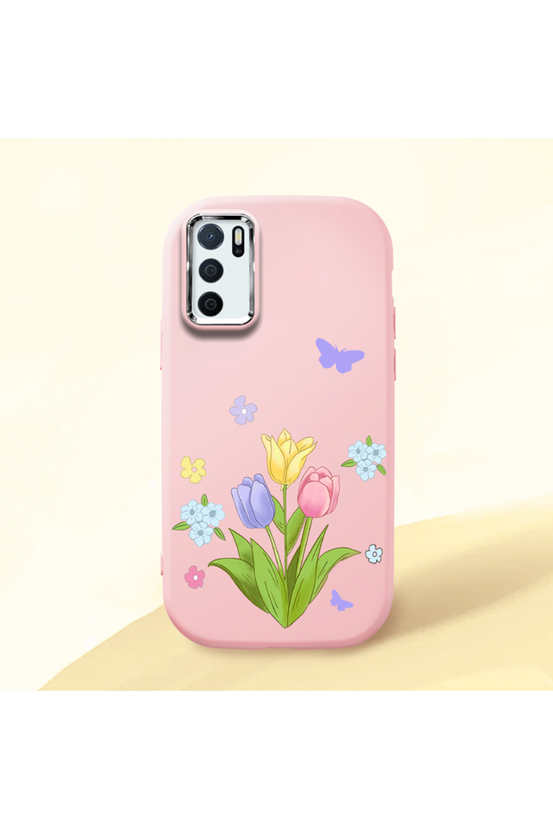 Oppo A54S Compatible Case Camera Protective Pink Silicone Couple Phone Case with Floral Pattern