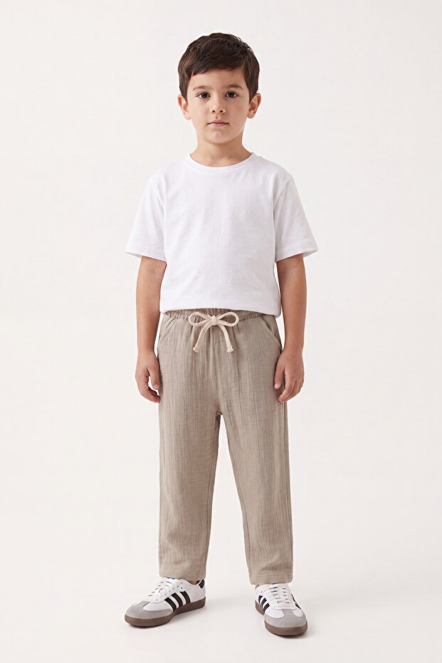 White T-Shirt Stone Color Muslin Pants Set 100% Cotton