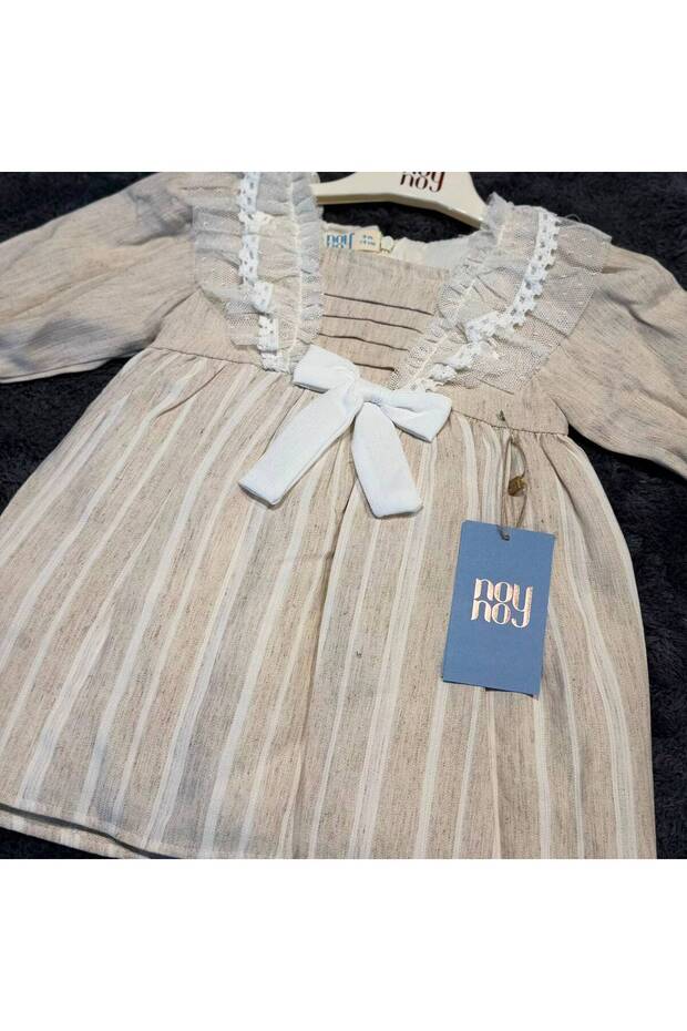 Girl's Roba Detail Striped Dress - 100% Natural Cotton - Ecru