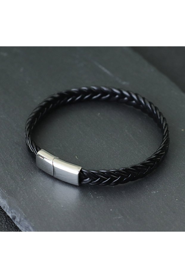 Black Silvery Premium Stainless Steel PU Leather Bracelet Men Magnetic Buckle Handmade Woven Punk Ho