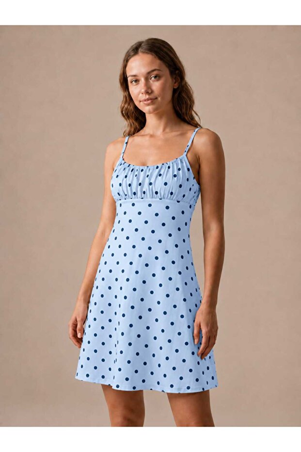 Strappy Polka Dot Gathered Drawstring Strap Soft Elastane Mini Dress