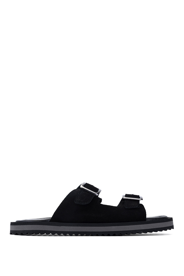 Men's Genuine Leather Black Suede Flat Slippers