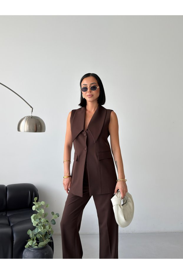 Women's Premium Wide Collar Vest Trouser Set-Bitter Coffee