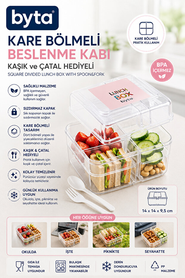 Square Nutrition Container with Spoon and Fork – 4-Compartment Lunch Box, Bpa-Free