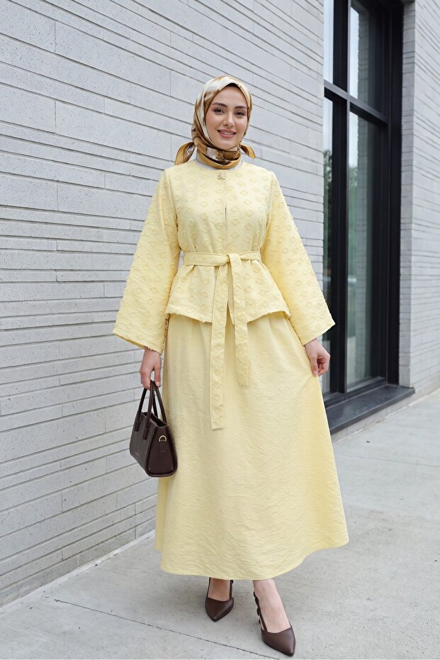 Single Button Belted Skirt with Pockets Embossed Patterned Jacquard Suit - Yellow