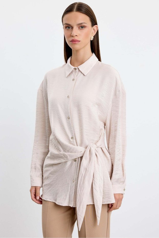 Metal Buttoned Shirt with Front Tie Detail Beige