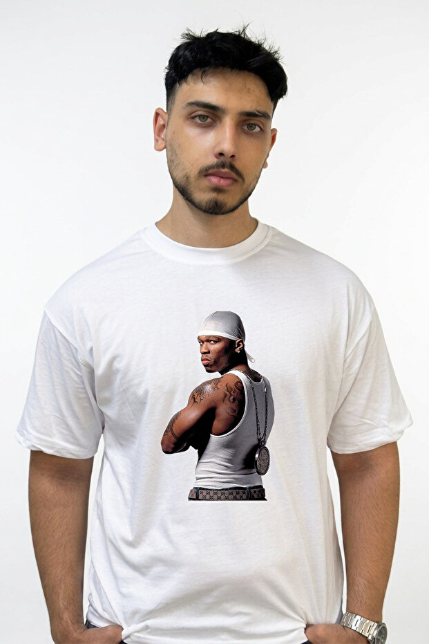 تي شيرت أبيض كبير الحجم مطبوع بتصميم 50 Cent_47