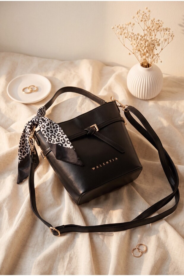 Strap-On Basket Bag with Belt and Scarf Detail - Black