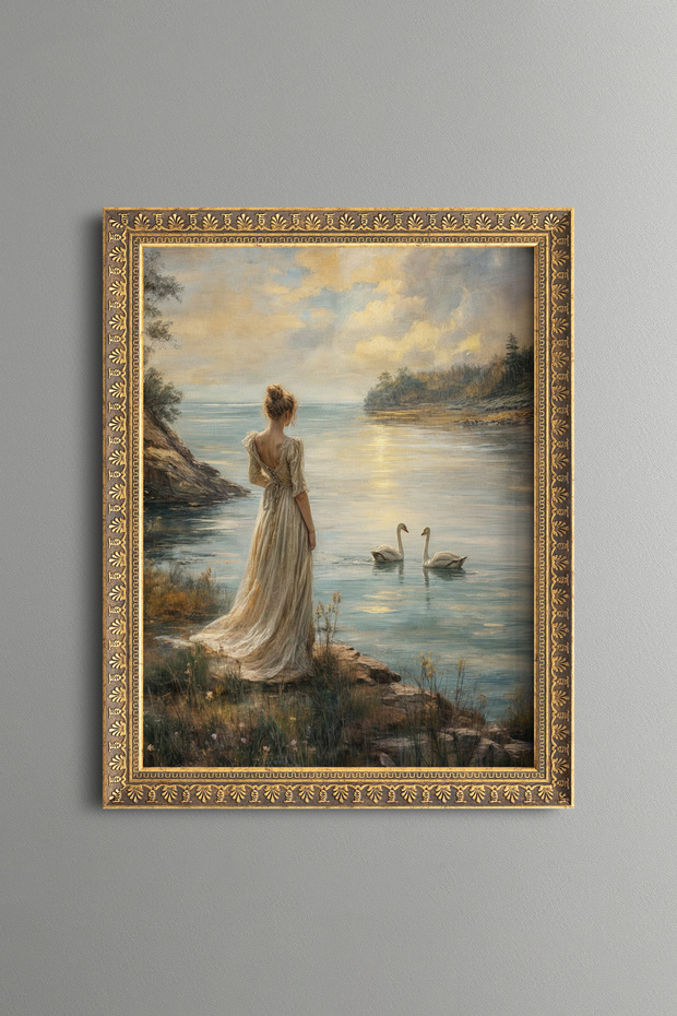 Woman and Swans - Vintage Patterned Painting - Fine Model