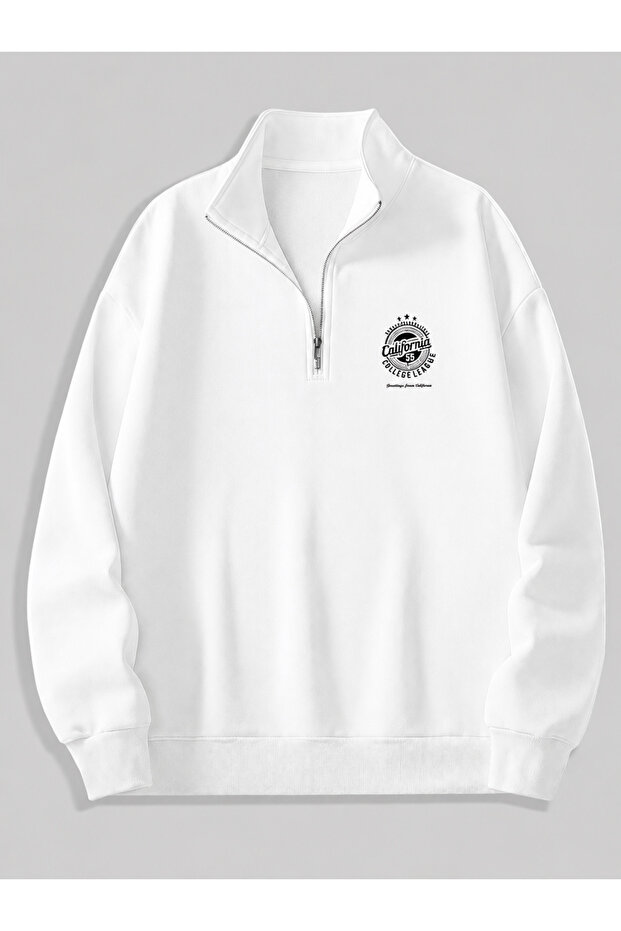 Men's Standing Collar Zippered Printed Comfortable Cut Sweatshirt