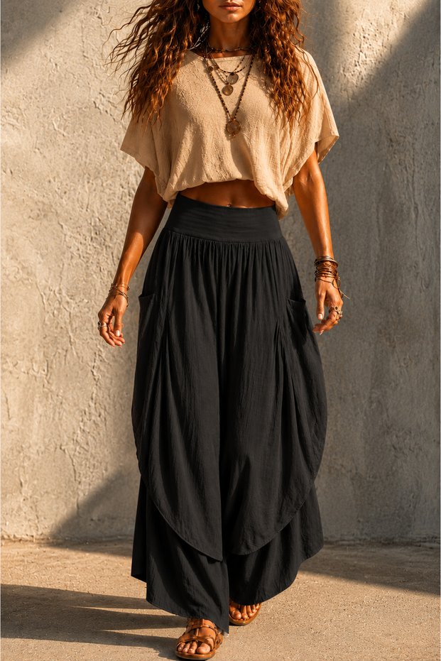 Bohem Style Black Shalwar Pants with Buldan Layered Pockets / Unisex