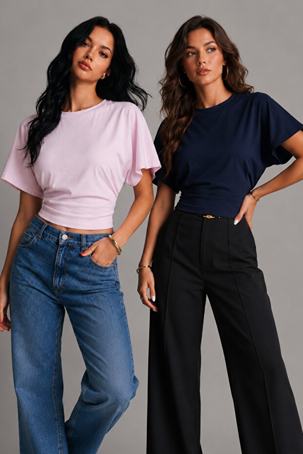 Qlay Women's 2-Piece Navy Blue Pink Fitted Wide Sleeve Viscose Blouse - Soft Textured Stylish Summer Wear