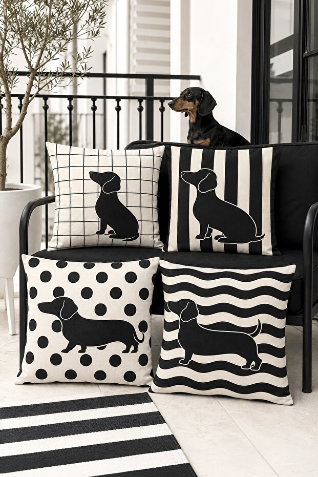Black and White Dogs Patterned 4-Piece Throw Pillow Cover Set