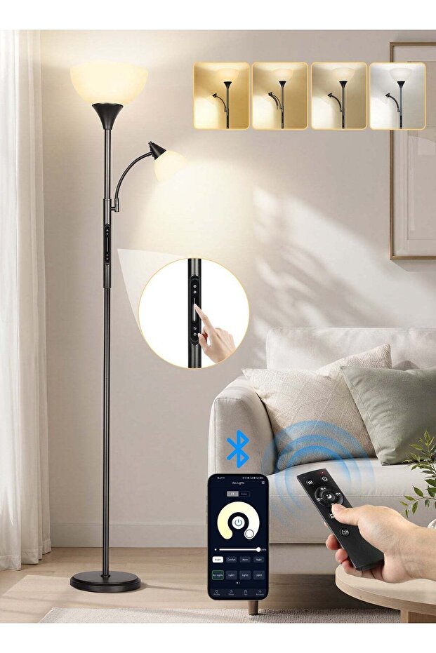 LED Floor Lamp with Reading Light, Remote & App Control, Dimmable Uplighter Standing Lamp, Adjustable Color Temperature, 182cm, Black