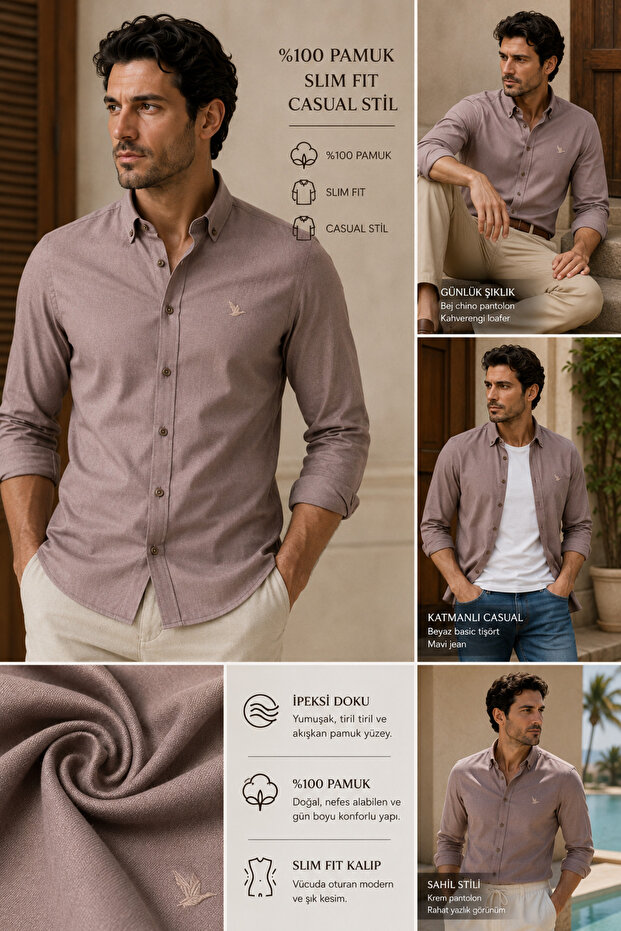 Long Sleeve Slim Fit 100% Cotton Button-Down Collar Casual Men's Shirt