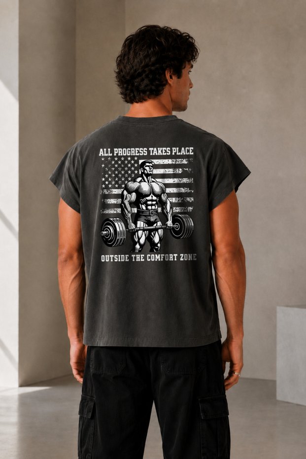Men's Oversize Progress Printed Athlete Back Detail Casual Street Wear Crew Neck Boxy Worker T-Shirt
