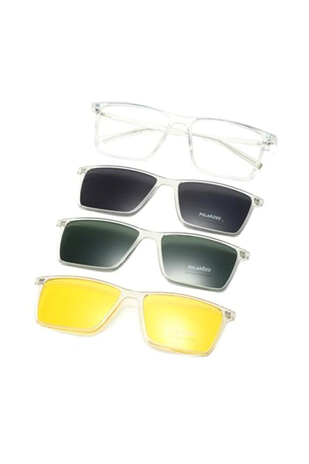 Men's Magnetic Polarized Clip-On Glasses Uv400 Protected Night Driving Lens Lightweight Rectangular Optical Frame 3 Clip Set Clear