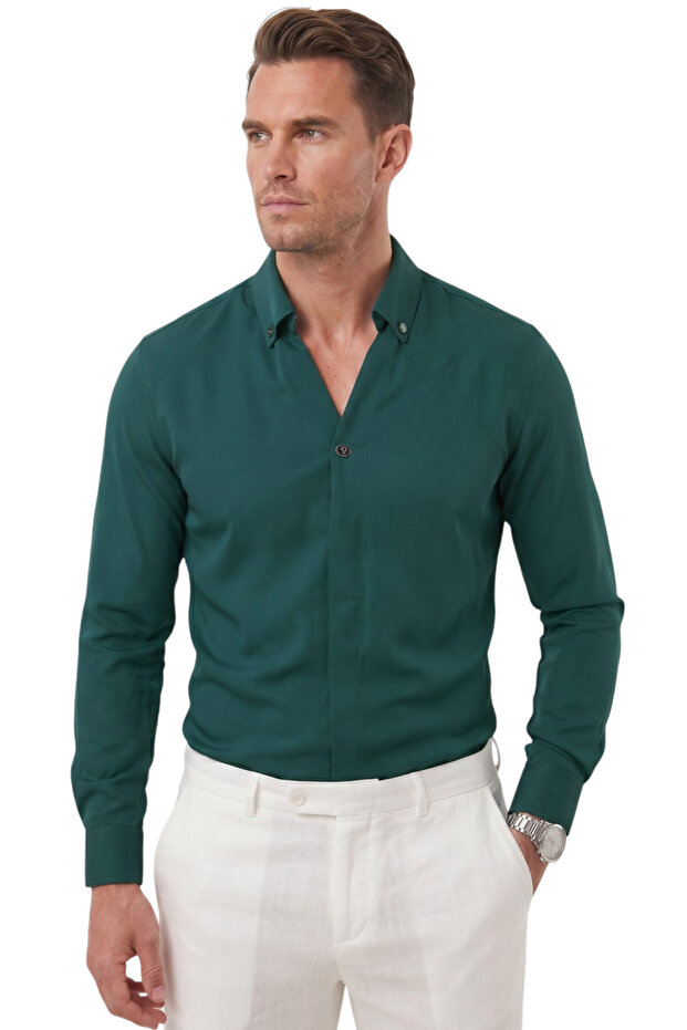 Green Slim Fit Easy-Ironing Open Collar Lycra Men's Shirt 2602615